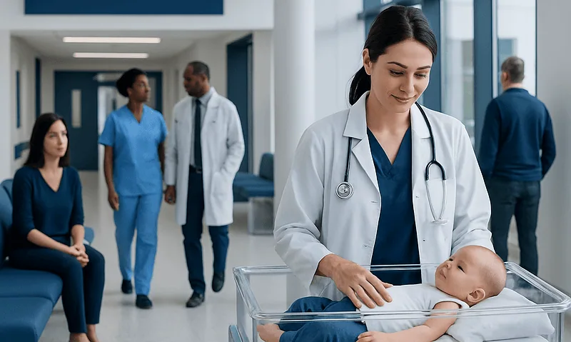 Pediatric doctor examining a baby in a hospital setting.