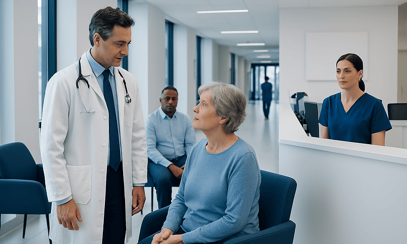 Doctor consulting elderly patient in hospital corridor with staff in background.