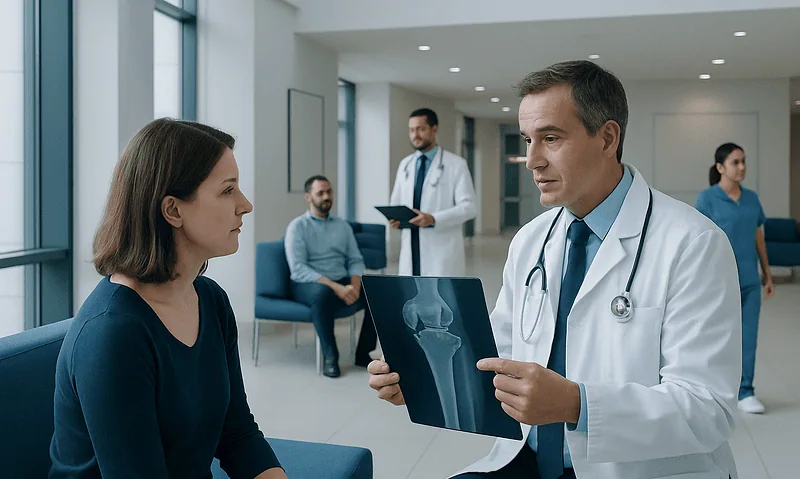 Doctor explaining X-ray results to a patient in a hospital corridor.