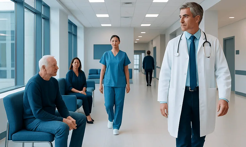 Doctor consulting elderly patient in hospital corridor with staff and patient in background.