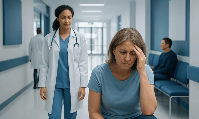 Patient experiencing dizziness in hospital corridor with healthcare professional nearby.