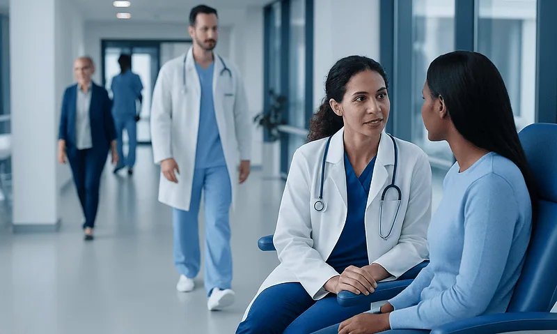Medical professionals consulting in a hospital corridor.
