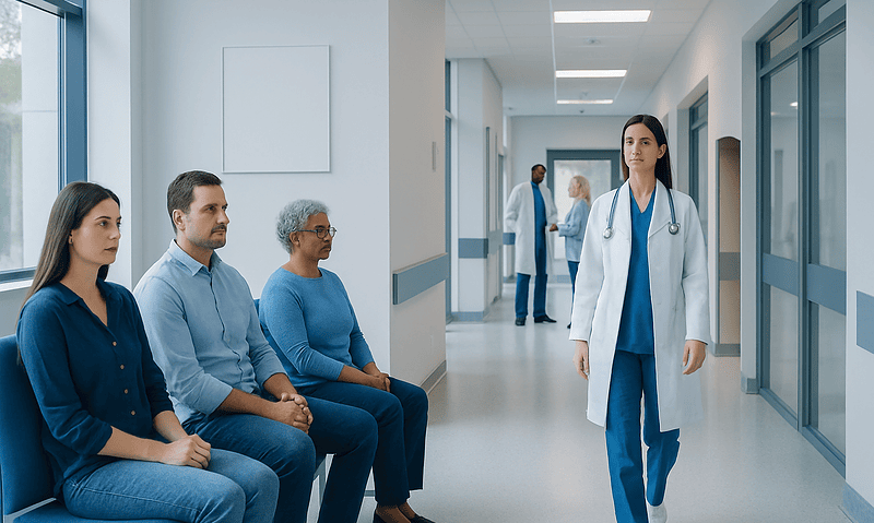 Medical consultation in hospital corridor with doctor and patients.