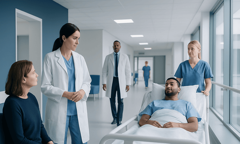 Medical team consulting with patient in hospital corridor.