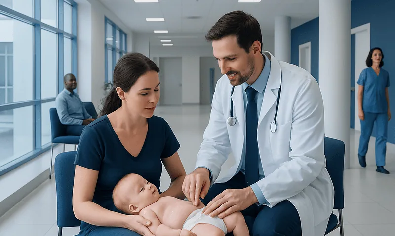 Pediatrician examining a baby with mother in hospital corridor.