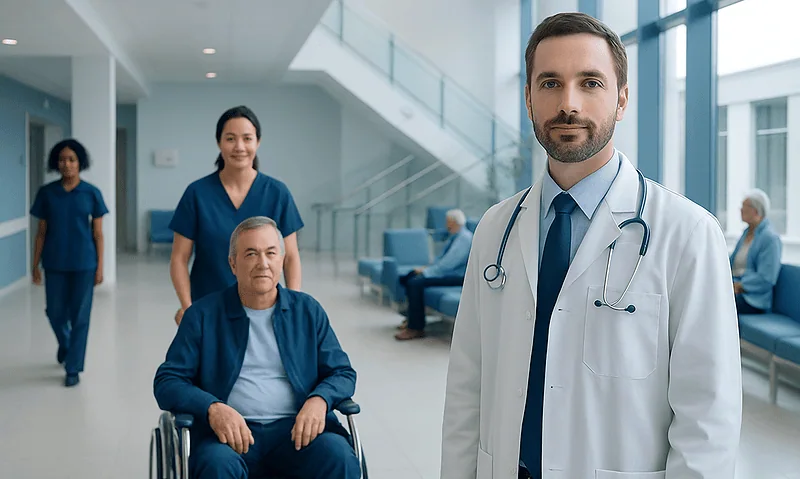 Medical team with doctor and patients in hospital lobby.
