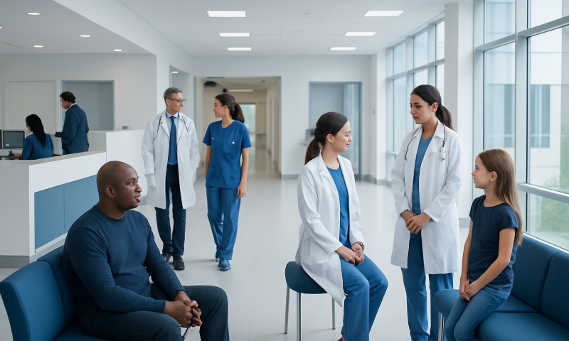 Medical team consulting with a patient in a hospital corridor.