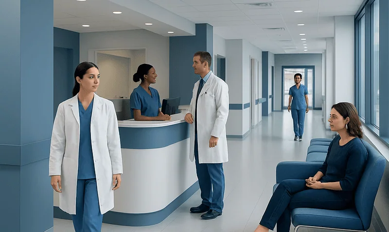Medical team consulting in hospital corridor with patient waiting area.