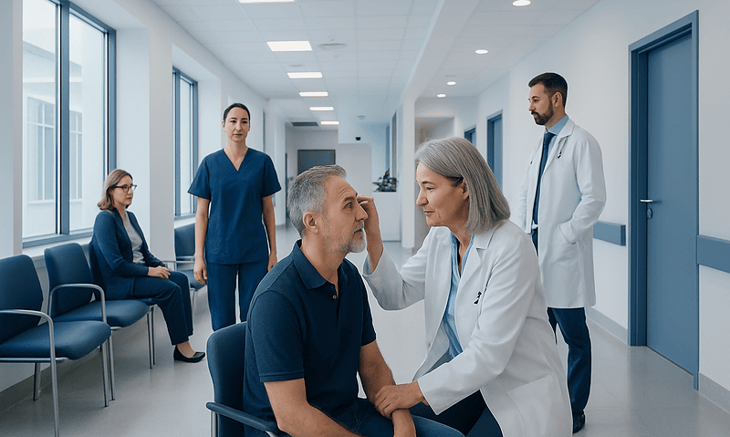 Doctor examining elderly patient in hospital corridor with staff in background.