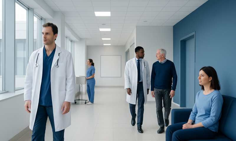 Medical professionals and patient in a modern hospital corridor.