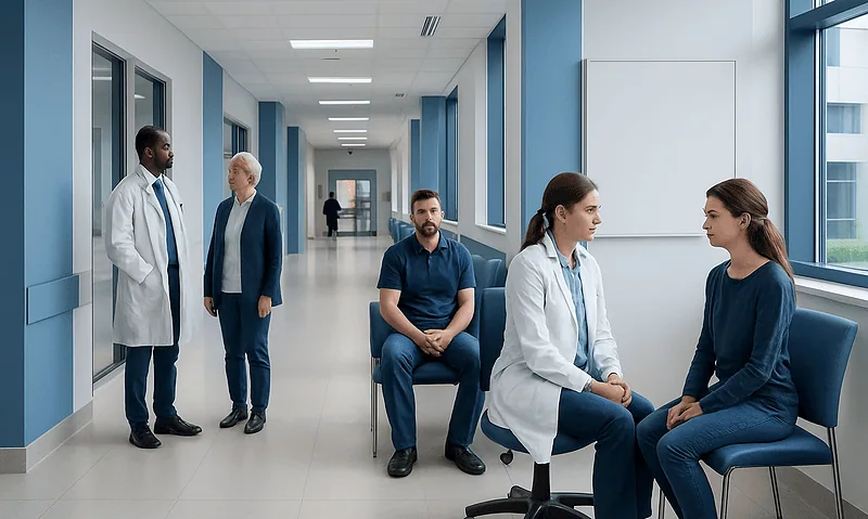Medical professionals and patients in a hospital corridor.