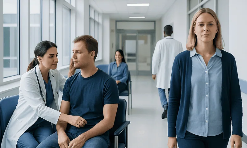Medical consultation in a hospital corridor with healthcare professionals and patient.