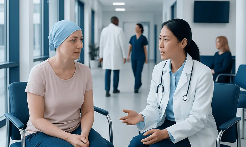 Doctor consulting a patient in a hospital corridor.