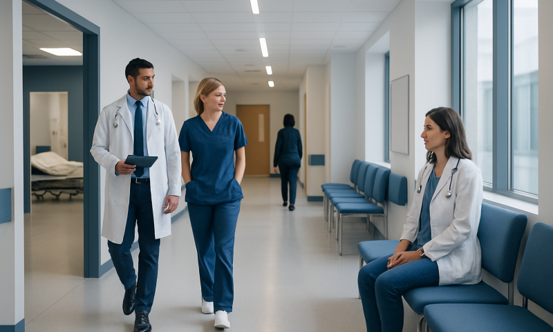 Medical team discussing patient care in hospital corridor.