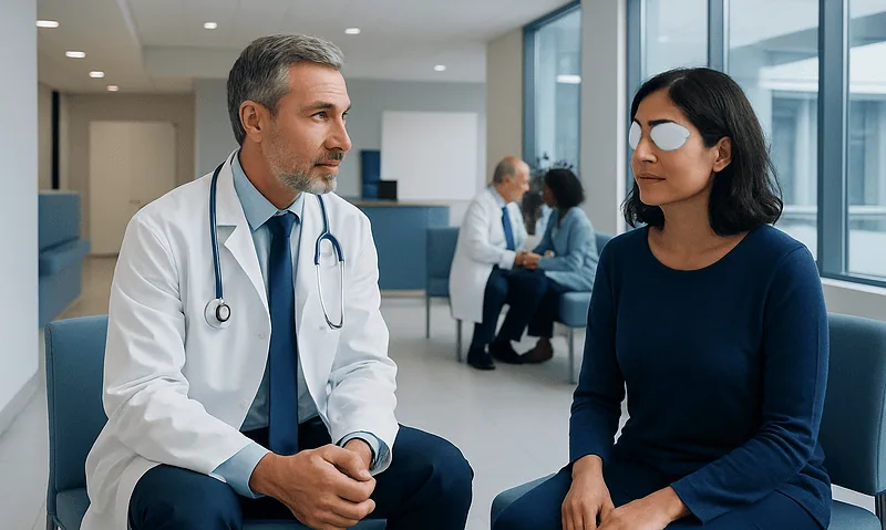 Doctor consulting with patient in hospital corridor with eye patch.