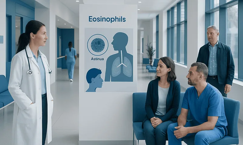 Doctor explaining eosinophils and asthma to patients in hospital corridor.