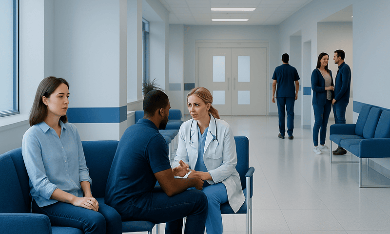 Patients and doctor in a hospital waiting area.