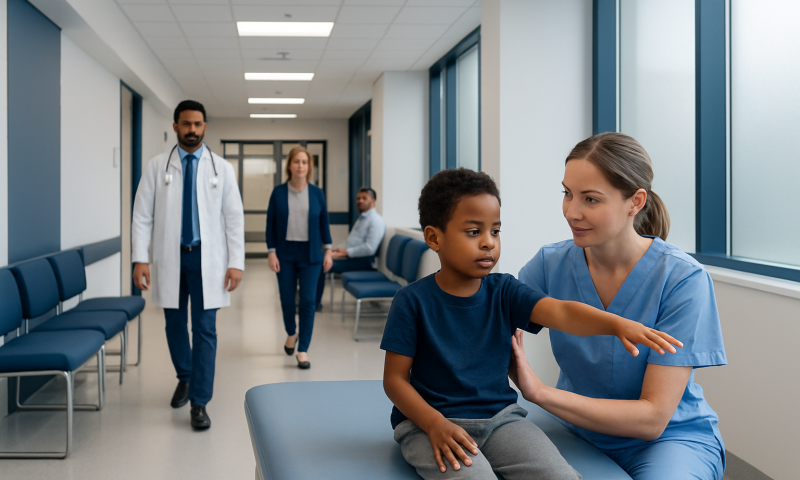 Erb Palsy Physical Therapy Exercises: How It Works, Results and What to Expect 6 Pediatric patient consultation at Acibadem Hospital with healthcare professionals.
