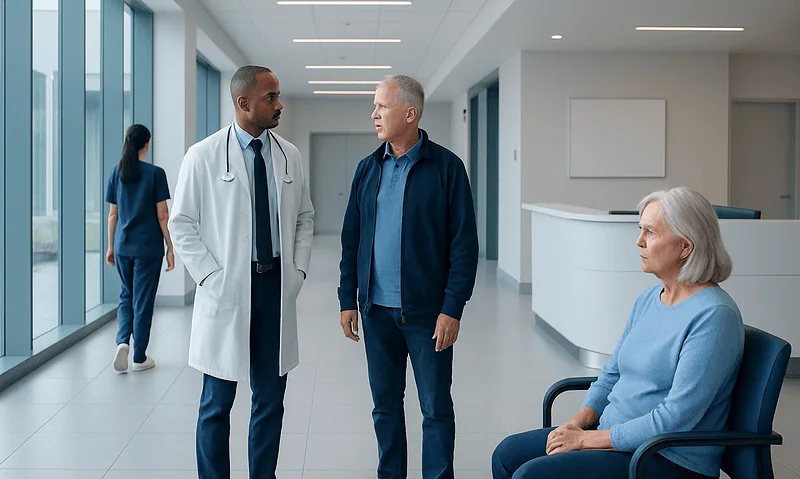 Doctor consulting with a patient in a modern hospital corridor.