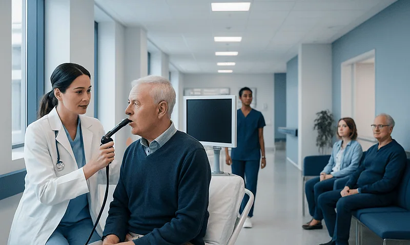 Doctor performs endoscopy on patient in hospital corridor.