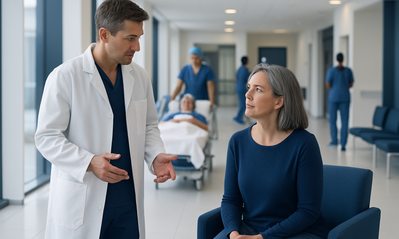 Doctor consulting a patient in a hospital corridor with medical staff in the background.