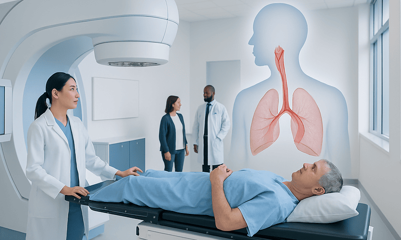 Patient undergoing esophageal radiation treatment in a modern hospital setting.