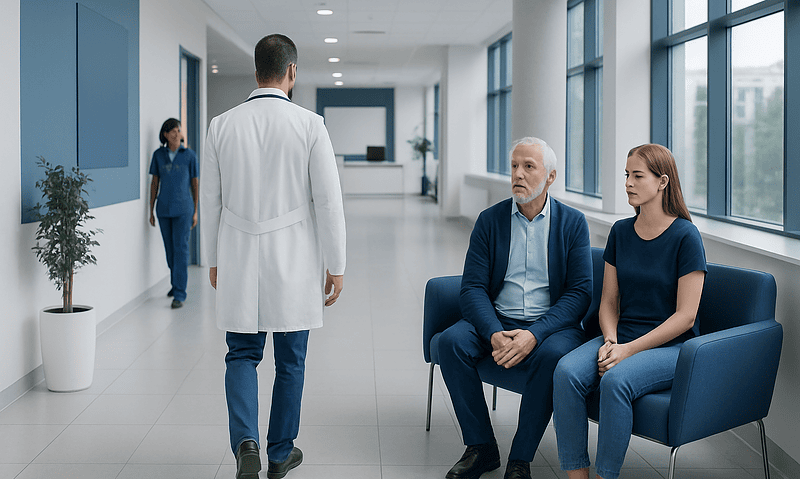 Doctor consulting with elderly patient and companion in hospital corridor.