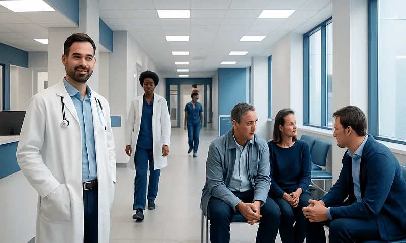 Medical team and patients in a hospital corridor at Acibadem Hospitals Group.