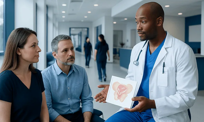 Exenteration Pelvic Surgery: Procedure, Recovery and Results 4 Urologist explaining prostate anatomy to patients in hospital corridor.