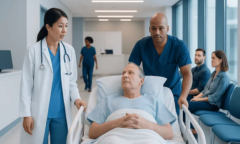 Hospital staff attending to a patient in a modern medical facility.