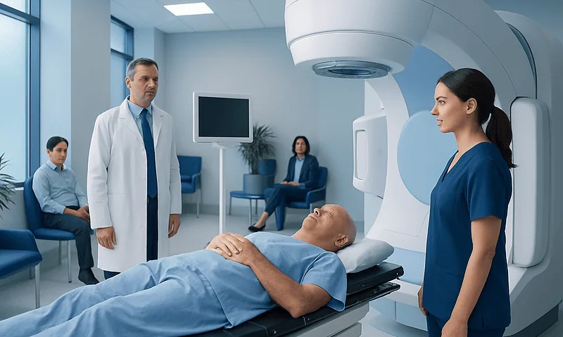 Patient undergoing external beam radiation therapy at a hospital.