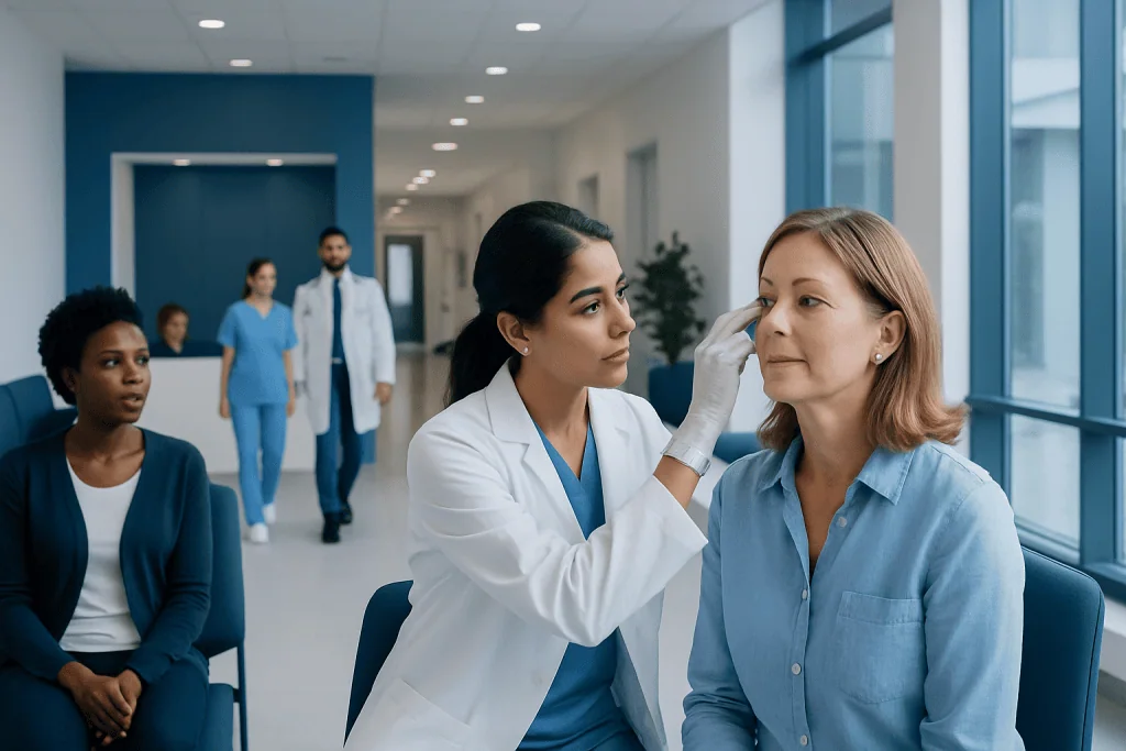 Eye Bump on Eyelid Treatment: How It Works, Results and What to Expect 1 Doctor examining a woman's eye in a modern hospital corridor.
