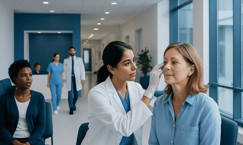 Eye Bump on Eyelid Treatment: How It Works, Results and What to Expect 14 Doctor examining a woman's eye in a modern hospital corridor.