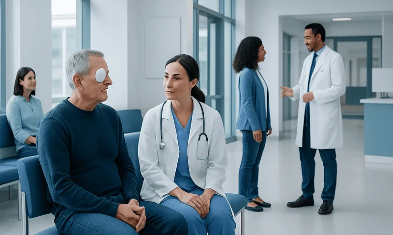Eye Melanoma Treatment: How It Works, Results and What to Expect 15 Patient with eye patch consulting with doctor in hospital corridor.