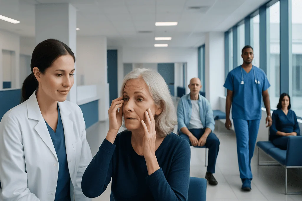 Eyelash Mites Treatment: How It Works, Results and What to Expect 1 Doctor consulting with elderly woman in hospital corridor.