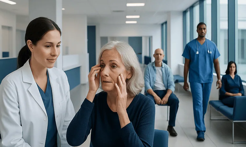 Doctor consulting with elderly woman in hospital corridor.