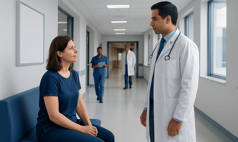Doctor consulting female patient in hospital corridor.