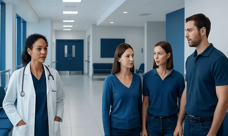 Medical team discussing patient care in hospital corridor.
