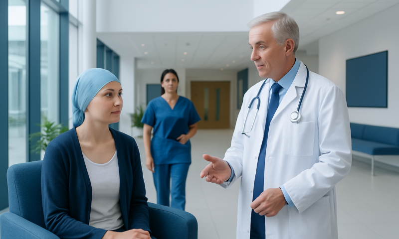 Doctor consulting a patient in a hospital corridor.