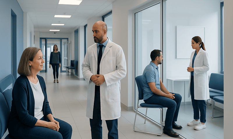 Doctor consulting with a patient in a hospital corridor.