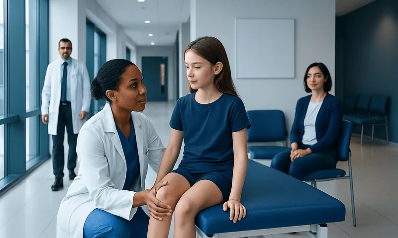 Pediatric patient consulting with a doctor in a hospital setting.