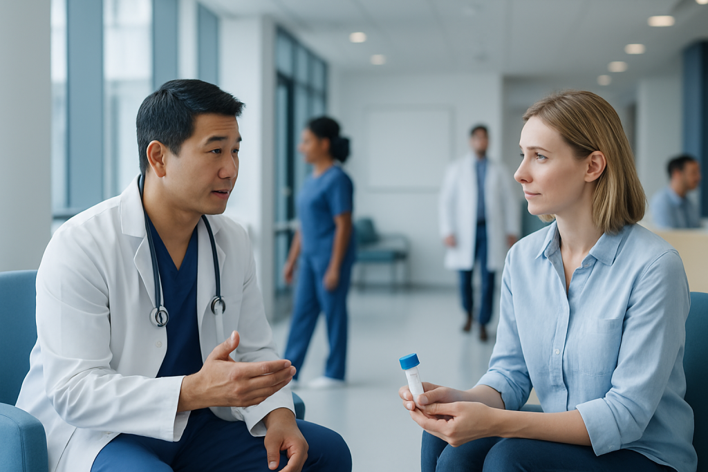 Fit Colon Ca Screening: How It Works, Results and What to Expect 1 Doctor discussing colon cancer screening with a patient in a hospital corridor.