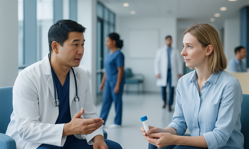 Doctor discussing colon cancer screening with a patient in a hospital corridor.