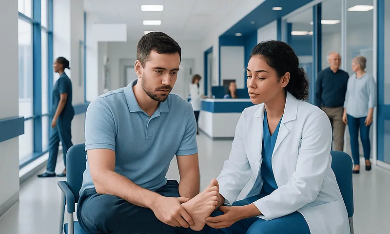 Doctor examining patient's wrist in a modern hospital setting.