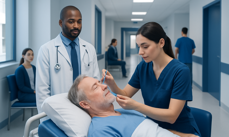 Doctor examining elderly patient's eye in hospital setting.