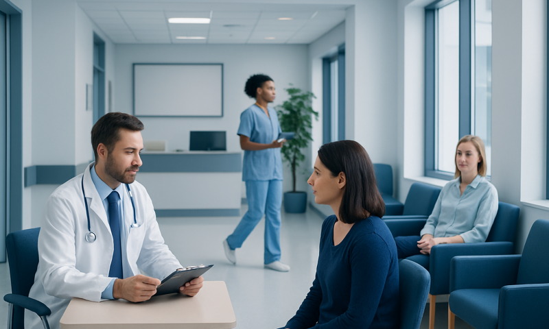 Doctor consulting with a patient in a modern hospital waiting area.