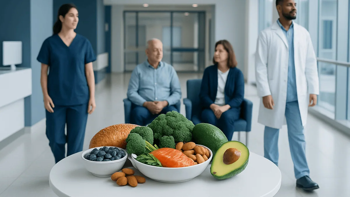 Healthy foods like salmon, avocado, broccoli, and nuts for cholesterol support.