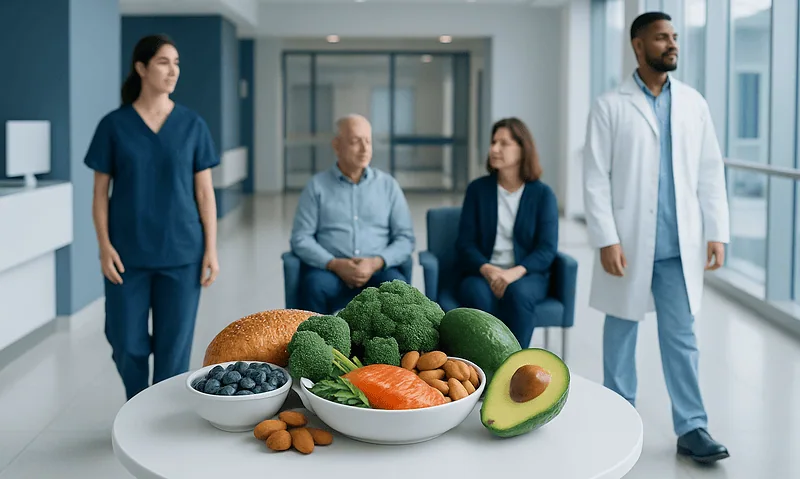 Healthy foods like salmon, avocado, broccoli, and nuts for cholesterol support.