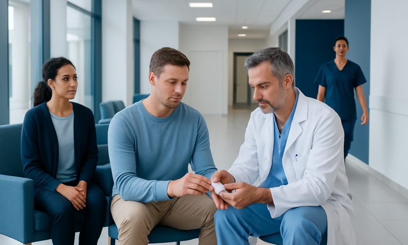 Doctor explaining treatment options to a patient in a hospital corridor.