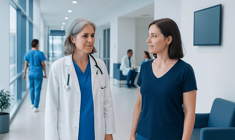 Doctor and patient having a conversation in a modern hospital corridor.